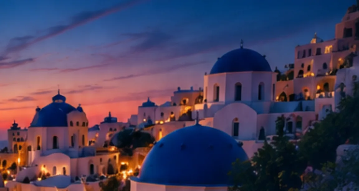 Santorini at dusk, blue-domed churches above the caldera