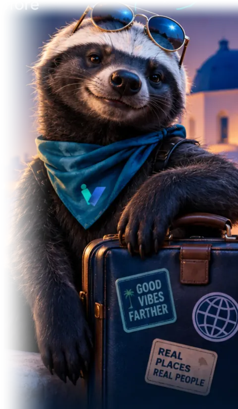 Kaya, the iVaCay honey badger, in sunglasses and a teal bandana