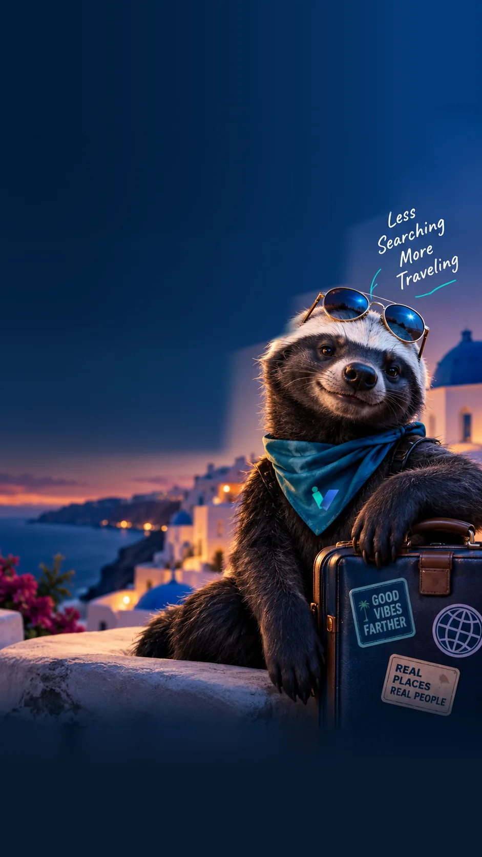 Kaya, the iVaCay honey badger travel sidekick, in sunglasses and a teal bandana leaning on a suitcase above Santorini at dusk