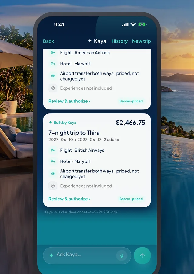 The iVaCay app: Kaya building a 7-night trip to Thira with flight, hotel and airport transfer priced together