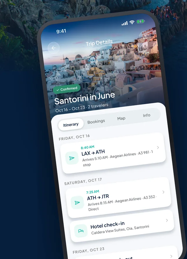 Trip Details in the iVaCay app: Santorini in June, itinerary by day
