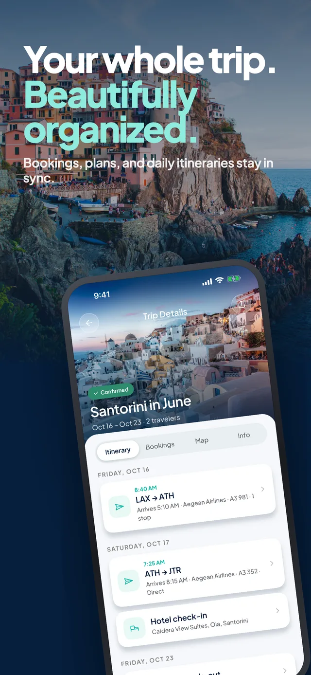 Trip Details: a day-by-day itinerary with flights and hotel check-in