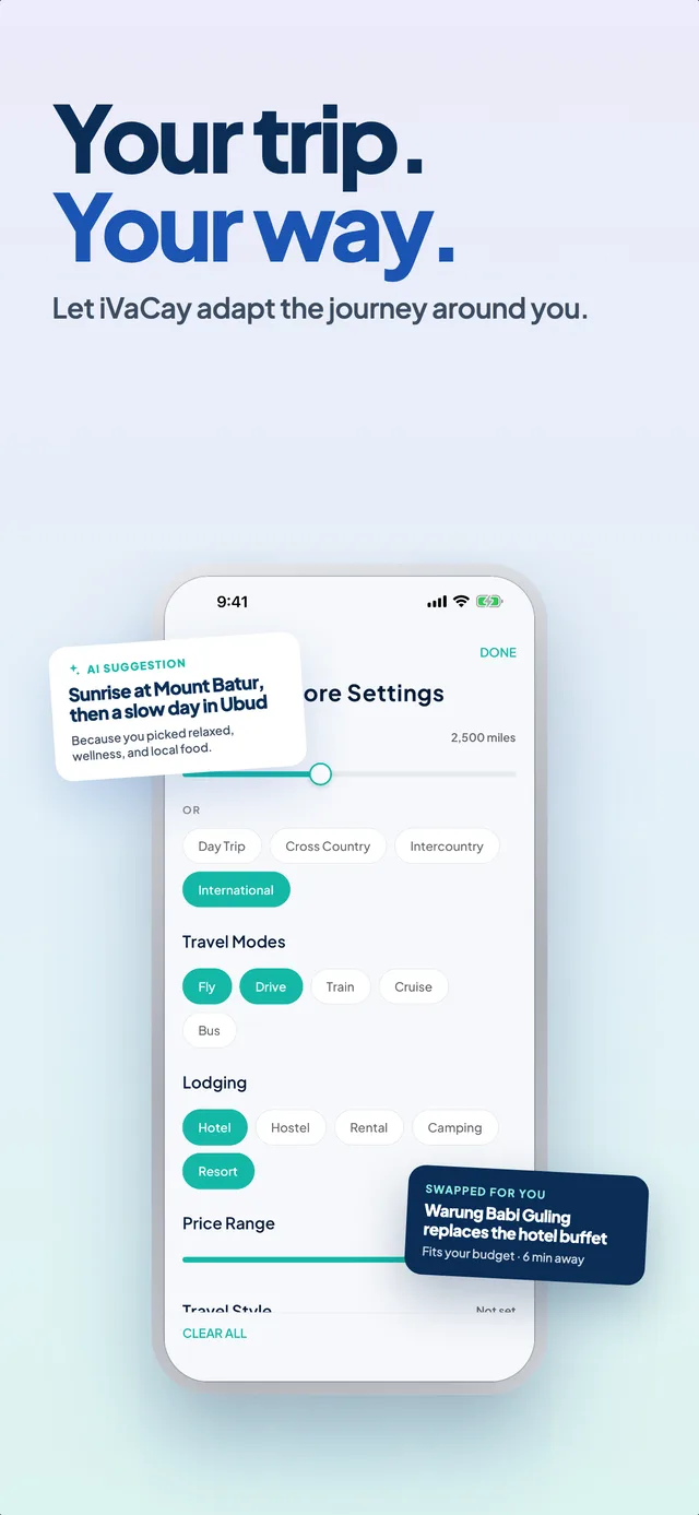 Explore Settings: travel modes, lodging and price range preferences